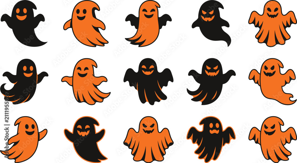 Fototapeta premium Set of cute cartoon ghosts in orange and black colors for halloween party decorations and festive holiday graphic design