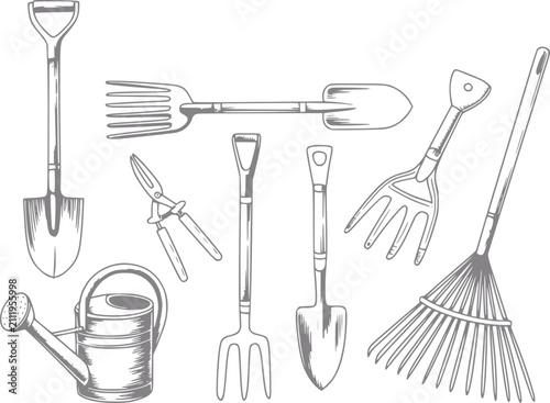 Foto Colección dibujada a mano de herramientas de jardinería esenciales que incluye p