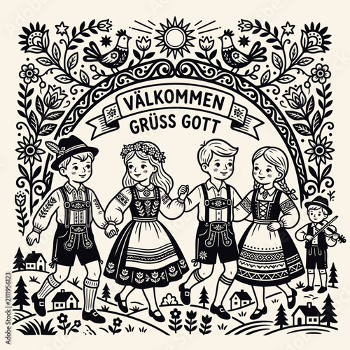 Bavarian Children Dancing Welcome Gruss Gott Folk Art Illustration