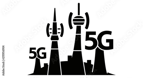5G cellular towers and mobile network icons.