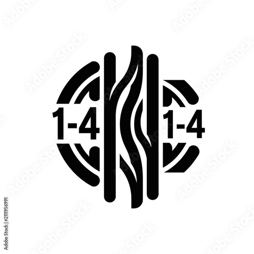 Abstract circular emblem with vertical flowing lines.