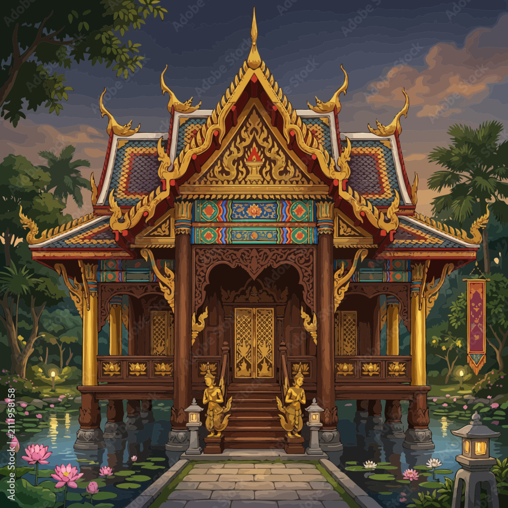 Fototapeta premium Ornate Thai Temple Pavilion Over Lotus Pond at Dusk, Intricate Architecture, Tropical Ambiance