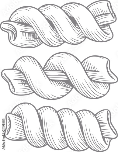 Fotografie Dibujo a mano de tres tipos diferentes de formas de pasta retorcida aisladas sob