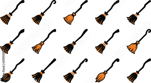 Foto Set of various witch broomsticks for halloween celebration featuring different s