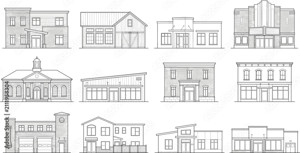 Obraz premium Commercial Building Facade Elevation Outline Vector Collection for Architectural Design Projects