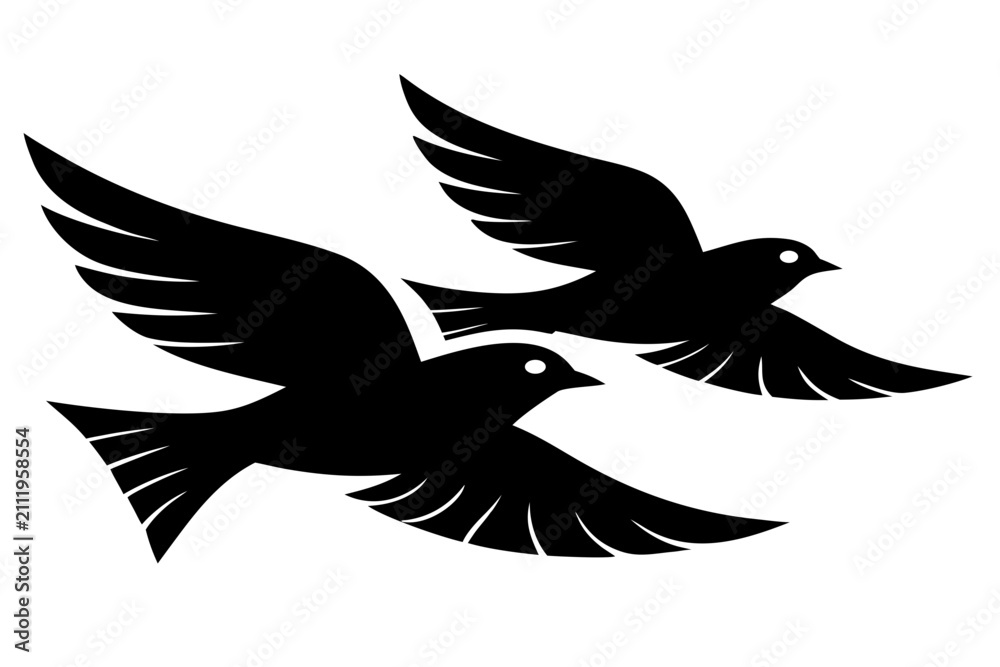 Fototapeta premium Minimal Flying Birds Silhouette – Flock of Birds Black Vector Illustration