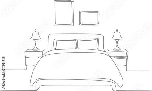 Foto Línea continua minimalista del interior de un dormitorio acogedor con una cama,