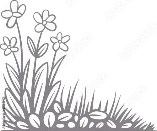 Obraz na płótnie Dibujo simple a mano de un pequeño parche de flores y hierba aislado sobre un fo