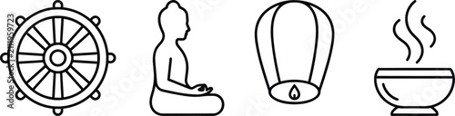 Fotografía Buddhist Meditation and Spiritual Icon Set Featuring Dharmachakra Wheel Meditati