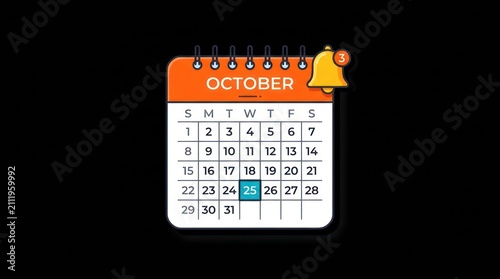 Countdown to New Year celebration with calendar and bell. Festive December 31st date marked on holiday planner for year-end event.