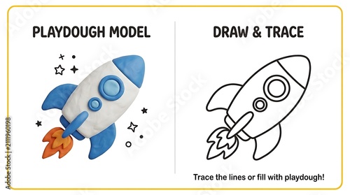 Colorful Playdough Rocket Model and Black Line Drawing for Kids' Creative Tracing Activity