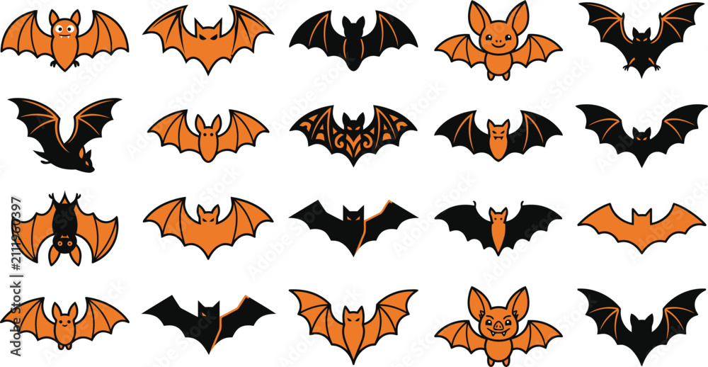Fototapeta premium Set of cute cartoon bats in orange and black colors isolated on white background for your halloween party decorations