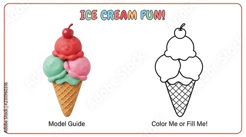 Colorful Ice Cream Cone Illustration with Cherry and Black-and-White Coloring Page for Kids