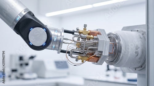 Precision robotic arm integrates complex wiring and copper connectors within a technical laboratory assembly for advanced engineering.