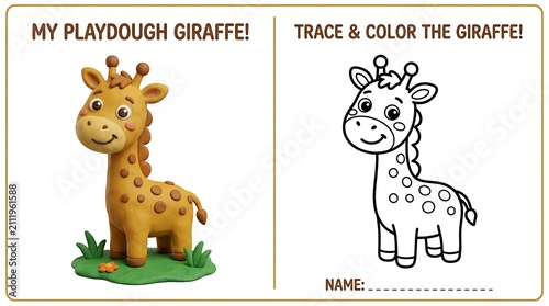 Playdough Giraffe Craft Model with Black and White Trace Coloring Page for Kids