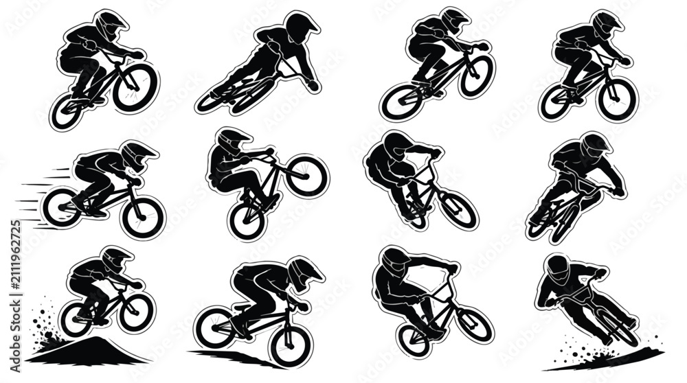 Obraz premium Dynamic BMX Rider Silhouettes Set showcasing Extreme Sport Cycling Action