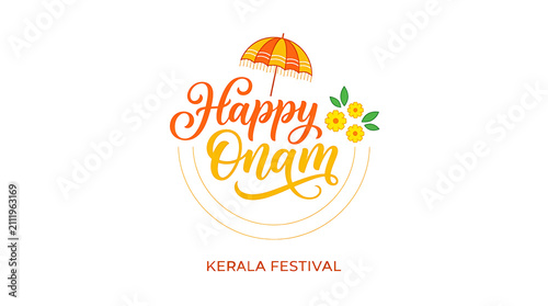 Happy Onam typography PNG with traditional umbrella, yellow flowers, and Kerala Festival text isolated on white background. Ai Generated
