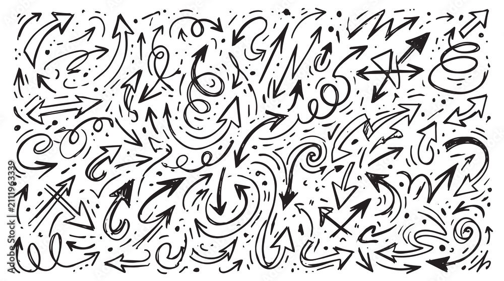Obraz premium Doodle Arrows Collection Set Hand Drawn Sketches Design Elements with Swirls Loops and Directional Indicators Isolated on White Background for Decorative Infographics and Creative Projects