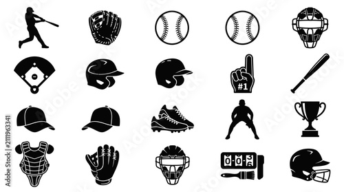 A collection of sixteen minimalist black baseball and sports-themed vector icons.