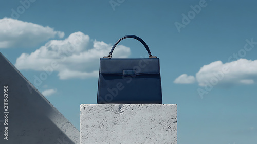  Elegant black leather women's handbag displayed on white pedestal with blue sky background