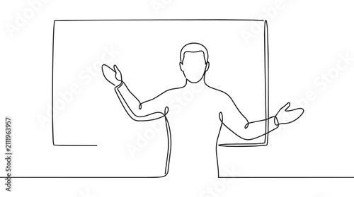Minimalist Continuous Line Drawing Of A Teacher Presenting At A Classroom Whiteboard Concept For Professional Education Training Sessions And Academic Lecturing Demonstrations Vector Graphic