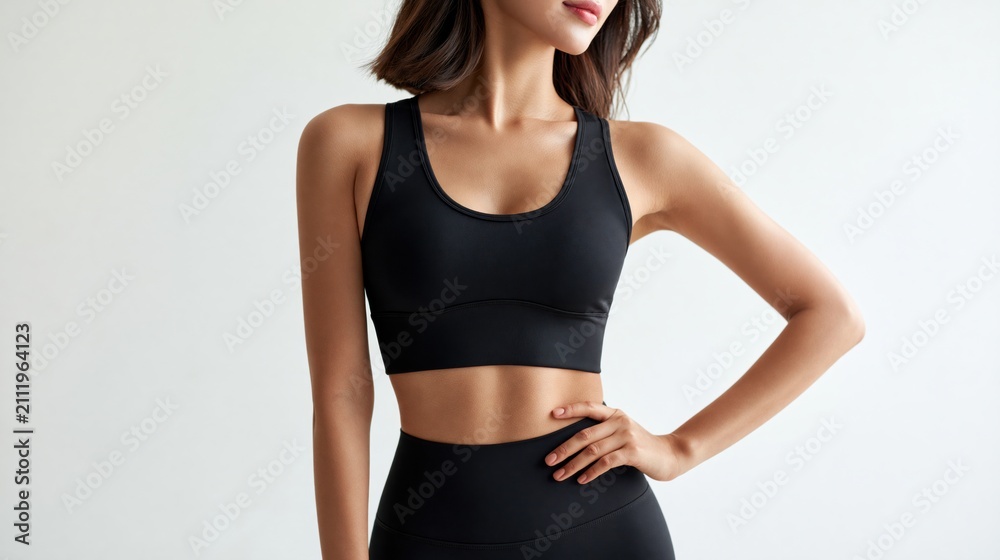 Fototapeta premium Confident east asian woman wearing black sportswear standing indoors