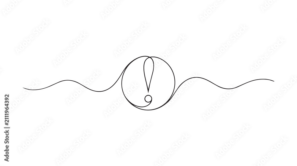 Obraz premium Minimalist One Line Drawing Featuring An Exclamation Mark Inside A Circle Surrounded By Flowing Horizontal Waves Isolated On A Plain White Background Representing Attention And Conceptual Design
