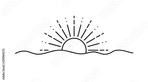 Minimalist Sunrise Vector Line Art Icon Featuring Half Sun Rising Over Wavy Horizon Line Isolated on White Background for Branding Projects and Graphic Design Elements Representing New Beginnings