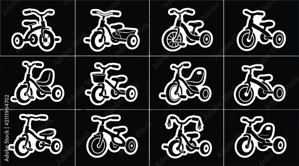 Naklejka premium Diverse Black and White Children's Tricycles Icon Set Grid