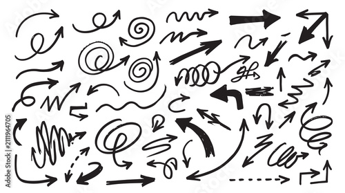 Set of Hand Drawn Black Ink Arrows Featuring Various Scribbles Spirals Loops Zigzags and Curved Pointing Vectors for Creative Design Elements Isolated on White Background for Annotations