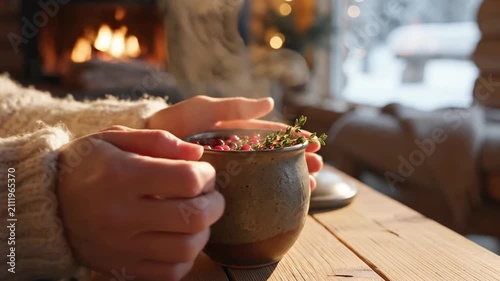 Cozy Hands Holding Warm Beverage Near Fireplace.