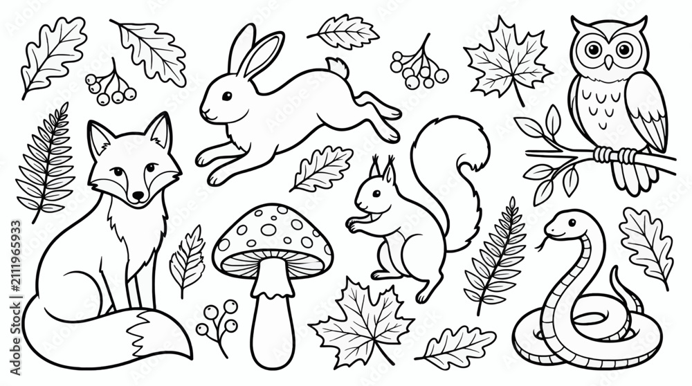 Obraz premium Black and White Coloring Page Vector Illustration of Forest Animals and Nature Elements, Including Fox, Rabbit, Squirrel, Owl, Snake, Mushroom, and Leaves