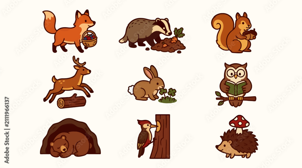 Fototapeta premium Cute Forest Animals Vector Icon Sheet with Fox, Badger, Squirrel, Deer, Rabbit, Owl, Bear, Woodpecker, and Hedgehog, Cartoon Style Wildlife Collection
