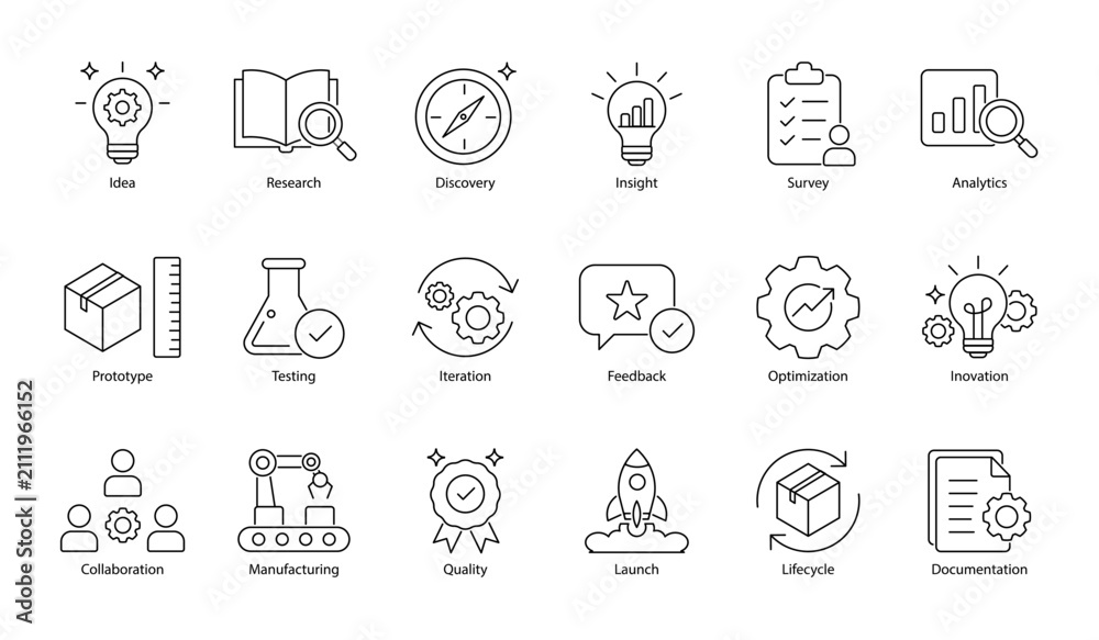 Fototapeta premium Product Development and Research Icon Set Vector Line Art Outline Illustration