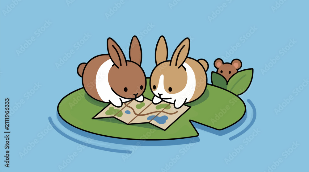 Fototapeta premium Vector Illustration of Two Fluffy Rabbits with Big Ears Looking at a Map on a Lily Pad, with a Small Mouse Peeking from Behind, Floating on Blue Water, Cute Cartoon Style