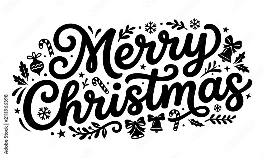 Fototapeta premium Merry christmas hand lettering typography design with decorative festive elements on a clean white background