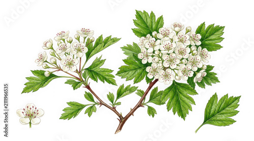Botanical illustration of hawthorn branch with white flowers isolated on transparent background