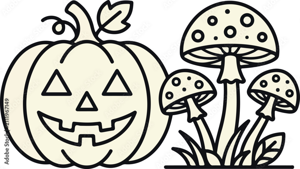 Fototapeta premium Spooky Halloween jack o lantern pumpkin with toadstool mushrooms outline icon vector illustration