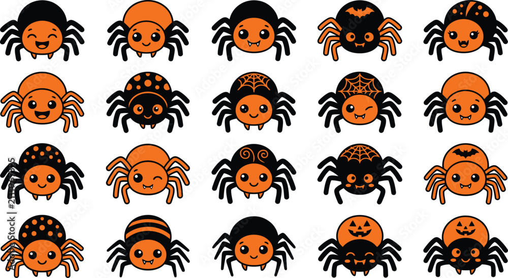 Obraz premium Set of cute cartoon spider characters with various expressions for halloween party decorations and festive seasonal graphic design projects