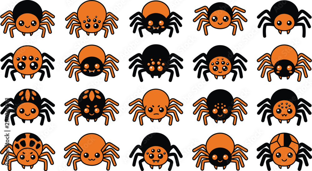 Obraz premium A collection of cute cartoon spider illustrations in orange and black colors perfect for a fun halloween party design