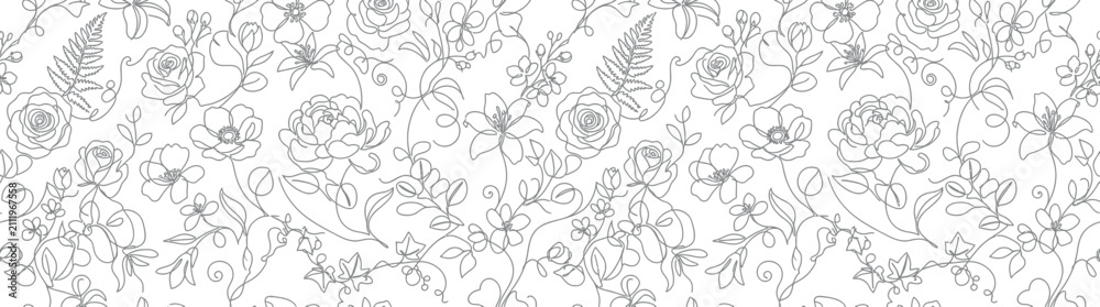Fototapeta premium Hand-drawn floral pattern, delicate line art botanical design