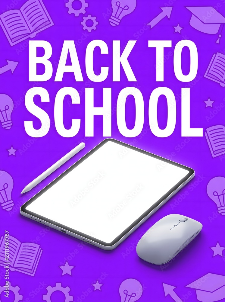 Fototapeta premium Back to school modern e-learning concept with blank tablet stylus and mouse illustration poster