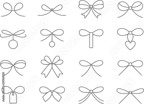 Fotografie Una colección de varios lazos decorativos de cinta y nudos de regalo en un estil