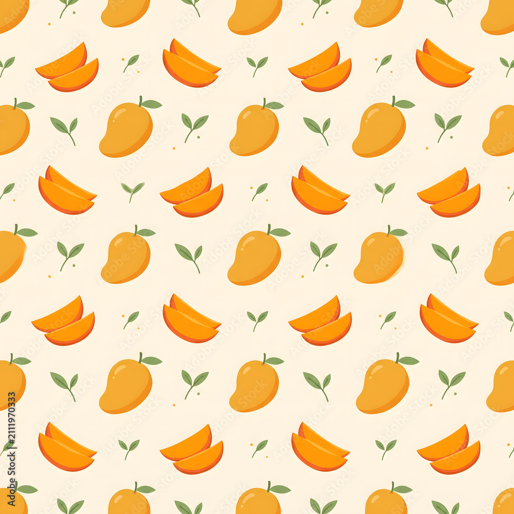Minimalist seamless pattern with fresh mango slices, whole mangoes, and polka dots