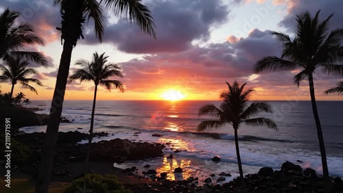 Palm trees frame a vibrant sunset over the ocean waves
