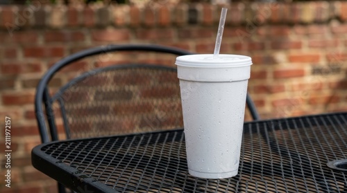 A large white styrofoam cup with condensation and a clear straw sits on a black metal mesh table outdoors. This cold beverage container is perfect