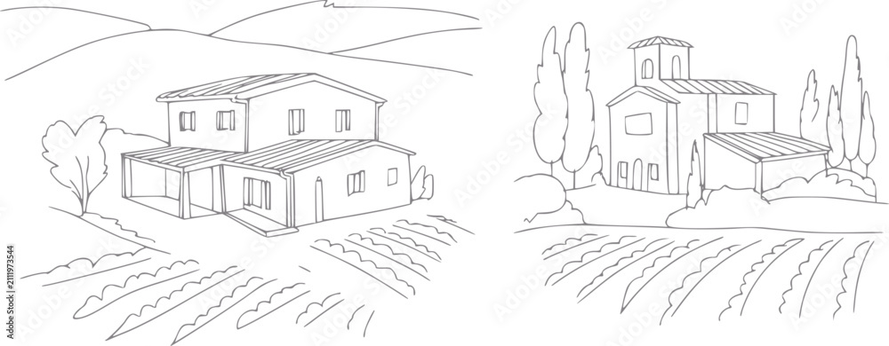 Fototapeta premium Línea en blanco y negro que muestra dos villas rústicas de campo rodeadas de campos de viñedos