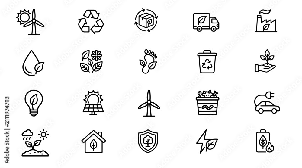 Fototapeta premium Eco friendly and sustainable energy line icon collection with environment