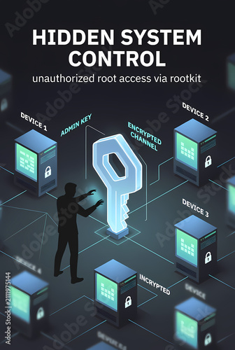 A diagram illustrates hidden system control via unauthorized root access through a rootkit.