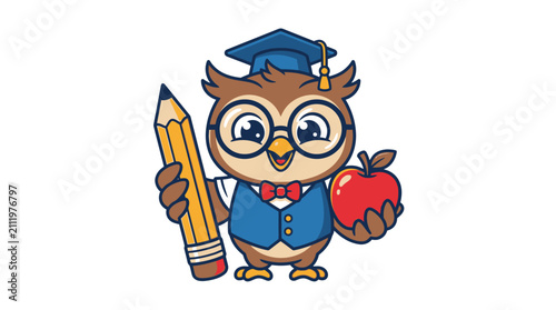 Cute cartoon owl teacher wearing glasses and graduation cap holding pencil and apple.